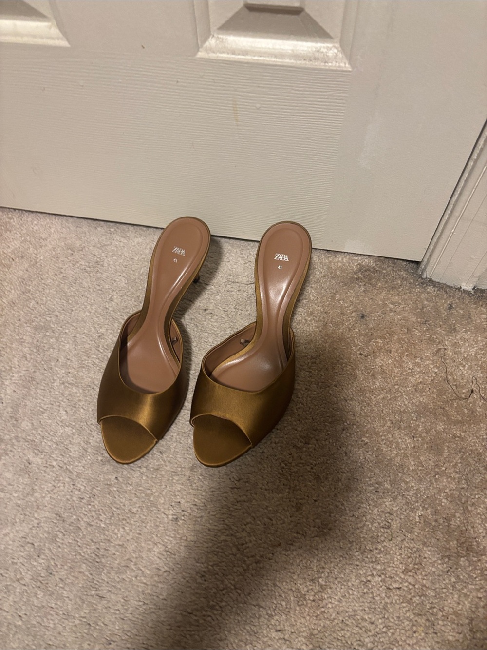Zara Bronze Satin Open-Toe Slip-On Mules